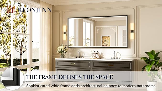 Keonjinn 72" x 36" Large Black Bathroom Vanity Mirror, Brushed Black Framed Mirror for Wall, Tempered Glass with Beveled Edge, Sculpted Aluminum Alloy Frame, Oversized Bathroom Mirrors for Over Sink