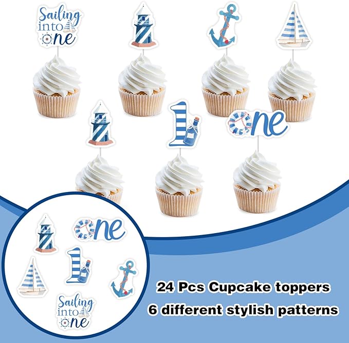 24pcs Nautical 1st Birthday Cupcake Topper Nautical First Birthday Decorations Sailing Into One Party Decoration Ocean Sailor Lighthouse Boat Anchor Party Cake Decoration for Little Captain