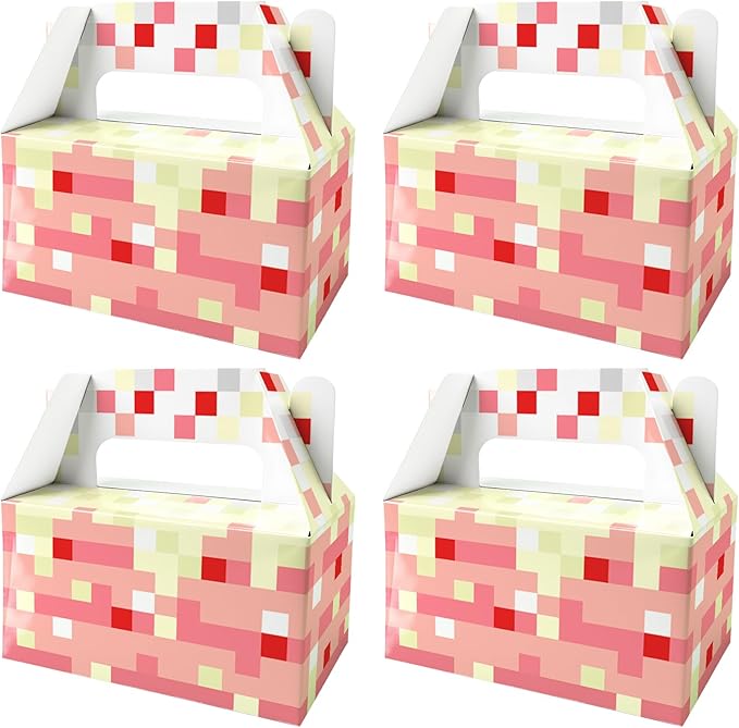 12 Pack Pixel Style Cake Party Favor Boxes with Handles, Mining World Theme Pink Cake Blocks Gift Boxes for Boys Girls Kids, Snack Containers for Cookies Cupcakes, Pixel Mining Game Party Decorations