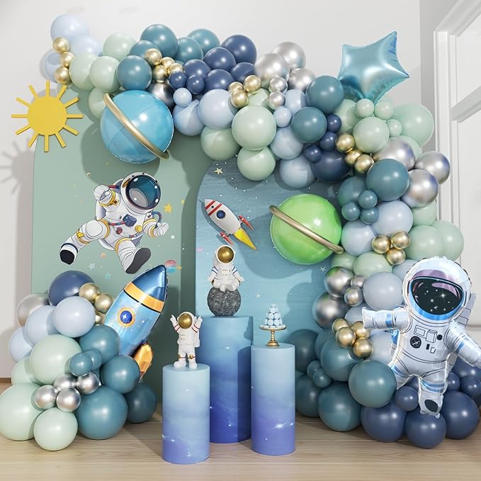 167pcs Space Balloons Arch Kit - Outer Space Party Decorations with Astronaut Rocket Blue Green Balloons for Baby Shower