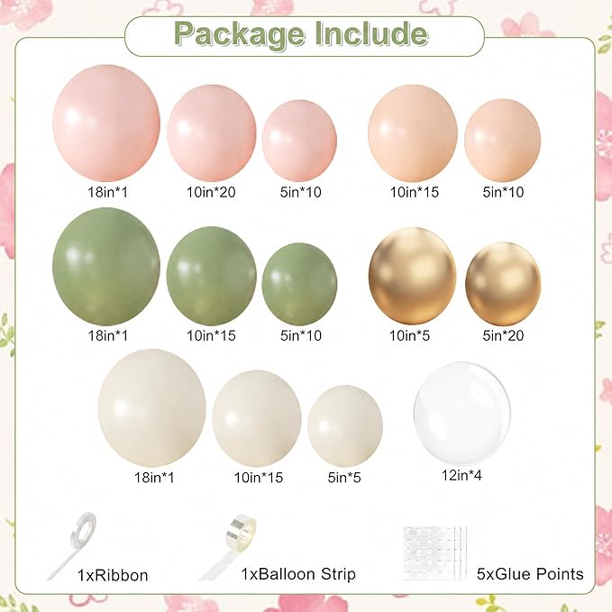 Sage Green Pink Gold Balloon Arch Kit 132Pcs Sage Green Pink Peach Ivory White Gold Clear Balloons for Boho Wildflower Baby Shower Bridal Shower Birthday Party Tea Party Decorations