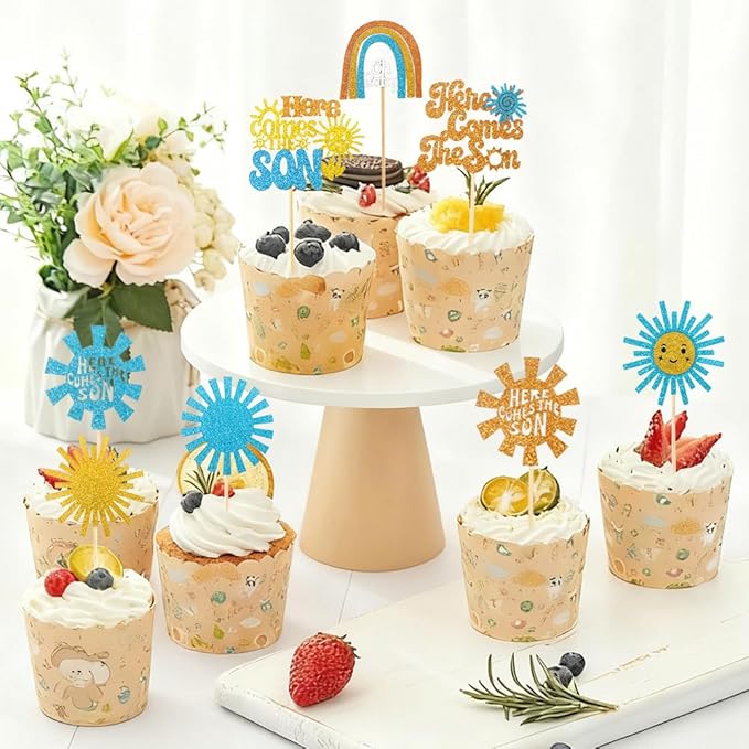 Here Comes the Son Cupcake Toppers, 24 PCS Here Comes the Son Baby Shower Decorations, Glitter Sun Themed Cupcake Party Decorations, Cupcakes Picks Food Picks for Baby Shower Party, Birthday, Wedding