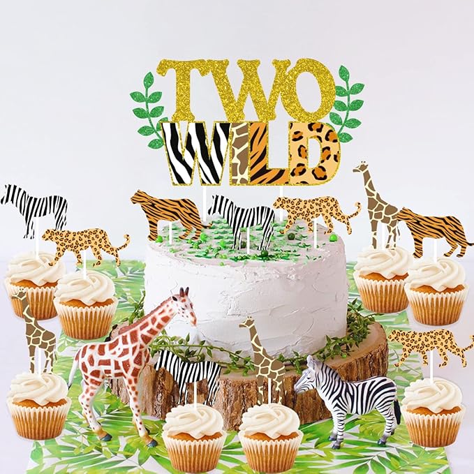 Sursurprise Two Wild Cake Topper Jungle Animals Cupcake Toppers, Safari Animal Second Birthday Decorations Zoo Themed 2nd Birthday Party Cake Supplies