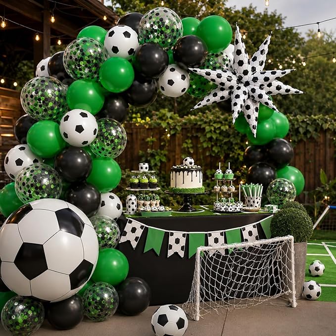 Football Balloons, 12 Inch Soccer Balloons with Green Black White Latex Soccer Printed Star Foil Balloons With Ribbons for Football Sport Theme Party Decorations Birthday Supplies