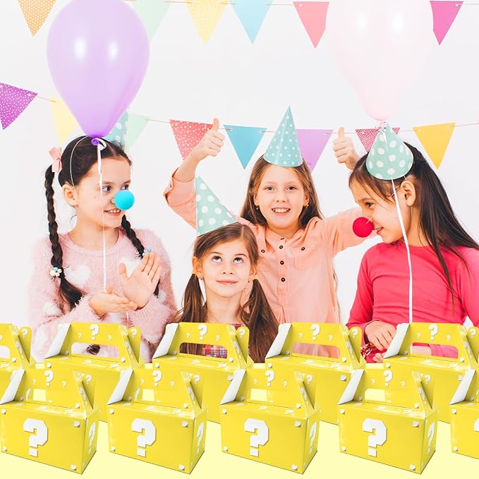 12 Pack Pixel Video Game Question Mark Birthday Party Candy Boxes, Yellow Surprise Gift Boxes with Handles for Adults, Boys & Girls, Ideal for Pixel Mining World Theme Party Favors and Decorations