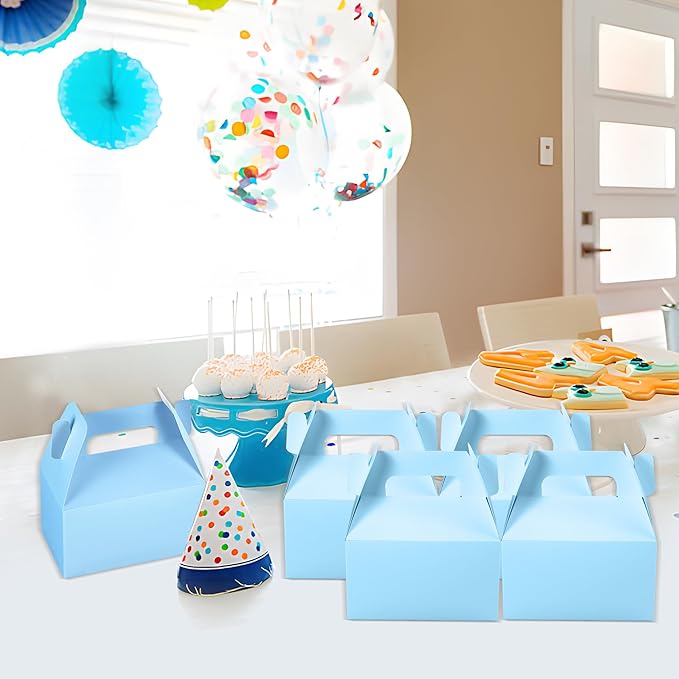 XAGLVV 24 Pack Blue Paper Gable Boxes, 6.2inch Treat Goodie Gift Bag for Baby Boy Showers and Snacks Cookie Toys for Birthday Party