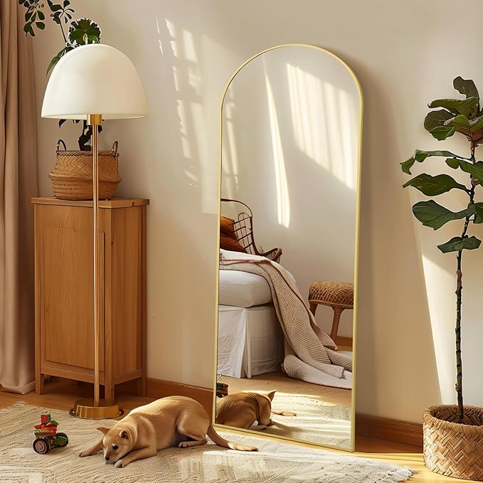 Floor Mirror Full Length, 56"X18" Gold Arch Full Length Body Mirror Wall Mounted with Thin Aluminum Frame, Tempered Glass Long Standing Mirror for Bedroom Living Room Dorm