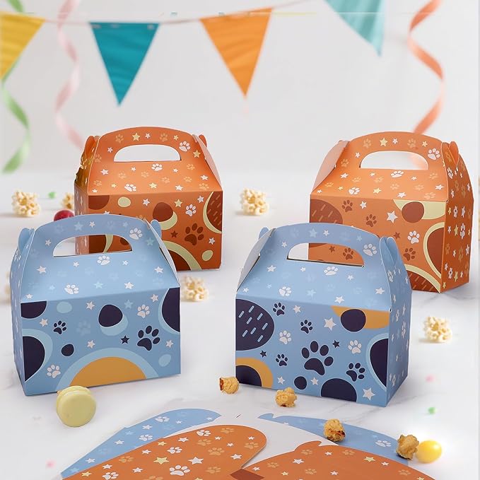 Beehaam 24 Pack Blue Dog Party Favor Treat Boxes, Cartoon Dog Paw Theme Gable Gift Bags, Large Candy Goodie Cake Snack Paper Bags for Happy Birthday Baby Shower Party Decorations Supplies