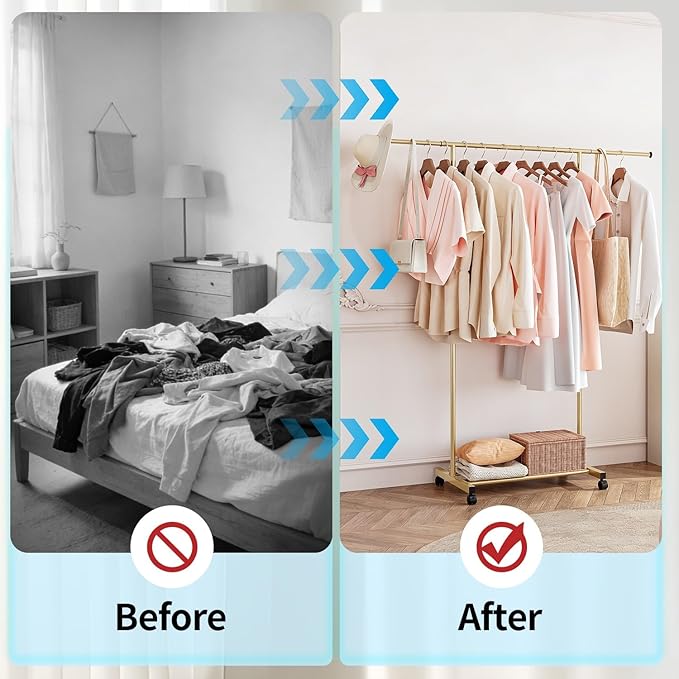 SUOERNUO Clothes Rack with Wheels Rolling Clothing Rack for Hanging Clothes, Portable Metal Garment Rack for Bedroom Laundry Living Room (Gold, 59.05"*15.75"*59.45")