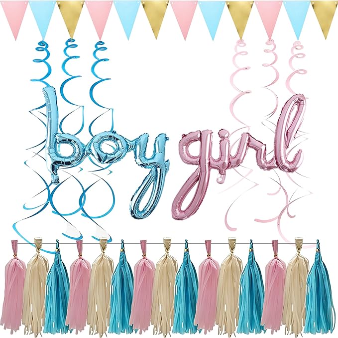Gender Reveal Decorations Kit - Simple Boy or Girl Party Supplies with Foil Balloons, Tissue Paper Tassels, Pennant Banner & Hanging Swirls - Easy Setup Baby Shower Decor Set