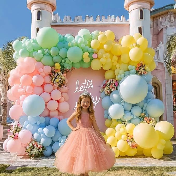 Pastel Balloon Arch Double Stuffed Pink Yellow Blue Green Balloons Different Size for Colorful Spring Princess Unicorn Easter Happy Birthday Baby Shower Party Decorations