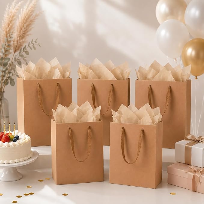 SHIPKEY 10pcs Kraft Paper Bags 8x4x11 Inches, Brown With Tissue Paper, Shopping, Retail, Gift With Soft Cloth Handles