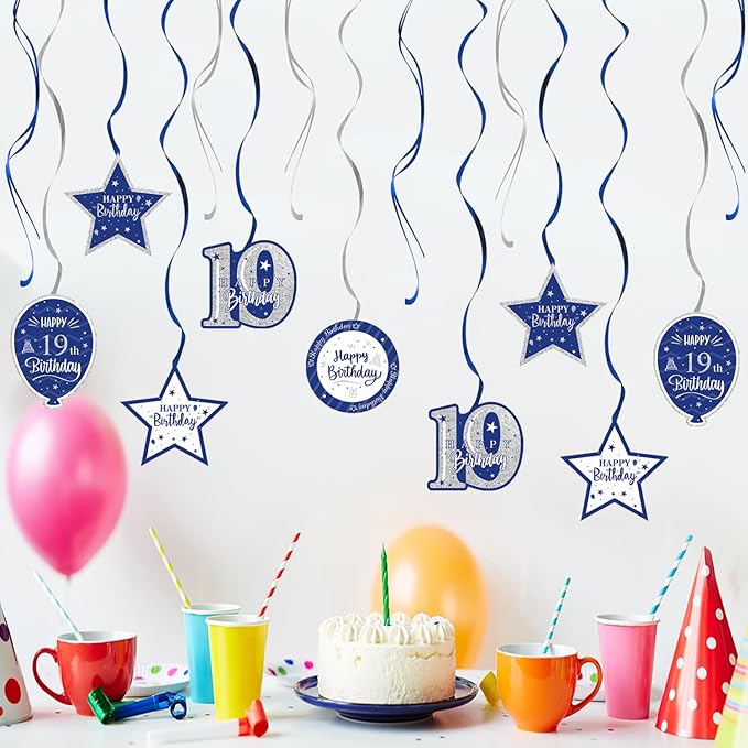 Happy 19th Birthday Blue & Silver Glitter Swirls Streamers Party Decorations - 15 Pcs 19th Birthday Hanging Swirls Streamers Kit,Cheers to Nineteen Years Old Bday Party Sign.