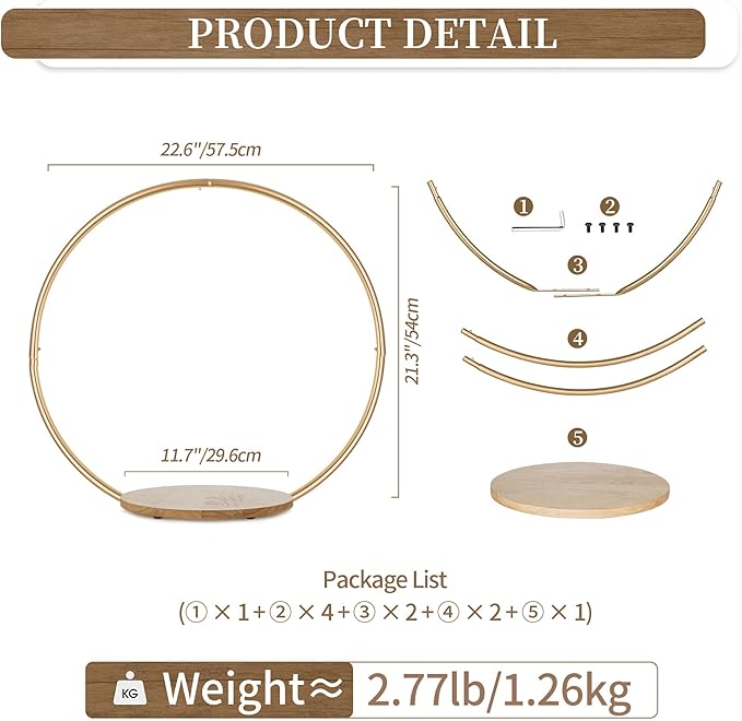 Hanobe Gold Cake Stand for Wedding: 11.7 Inch Round Arch Cupcake Display Stands with Wood Base Decorative Metal Hoop Centerpiece Decor for Party Birthday Baby Shower