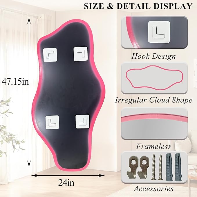 Irregular Tempered Glass Mirror, 47.2"x24" Pink Asymmetrical Aesthetic Wall Mirror, Modern Organic Shape Frameless Mirrors for Living Room Hallway Entryway, Horizontal or Vertical Hanging