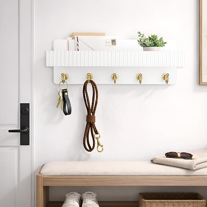 Key Holder Wall Mount, 14" Wooden Entryway Key and Mail Organizer with 5 Metal Hooks, Decorative Key Hanger Rack for Hallway Apartment, White