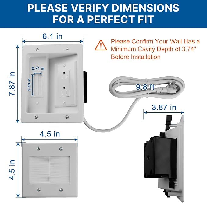 in Wall Cable Management Kit with 9.8ft Power Extension Cord, TV Cord Hider for Wall Mounted TVs, Recessed Cable Concealer with Brush Wall Plate, 15A/125V Dual Receptacle and Drywall Saw