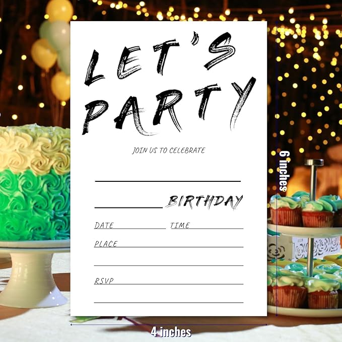 Birthday Let's Party Invitations, Simple Black and White Handwriting Style Design Invites with Envelopes for Girls Boys Teens Kids, 25 Pcs 4x6 Inch (Black Handwriting Simple)
