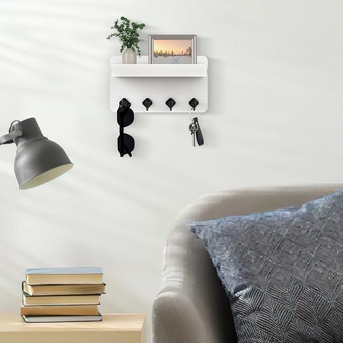 Nekon Key Holder Wall Mount, 8.5 Inch Small Home Decor Wooden Wall Organizer with 4 Hooks and Shelf, Key and Mail Holder for Living Room Entryway Kitchen(White)