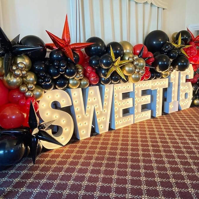 153Pcs Red and Black Gold Balloons Garland Arch Kit with Stars - 22 18 12 10 5 inch Different Latex Balloons for Anniversary Casino Night Hollywood New Years Movie Night Prom Party Decorations
