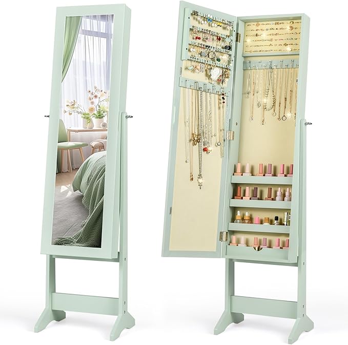 Giantex Jewelry Armoire with Full Length Mirror, Standing Jewelry Cabinet Organizer with 3 Tilting Angles, Bedroom Dressing Mirror with Large Storage for Earrings, Rings, Necklaces, Sage