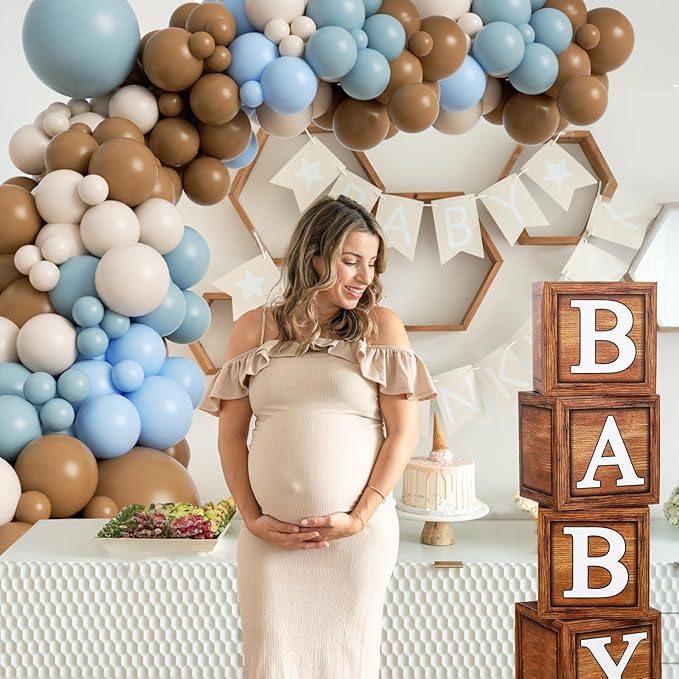 Blue Bear Baby Shower Decorations, 149pcs Dusty Blue and Brown Balloon Garland Arch Kit With Wood Grain Baby Boxes for Bear Baby Shower Decorations Gender Reveal