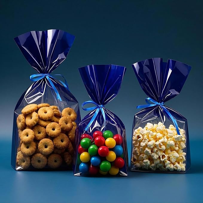 AimtoHome Cellophane Treat Bags Blue, 9x6 inches, 50 Pack with Ties,Small Party Favors bags for Cookie Candy Popcorn
