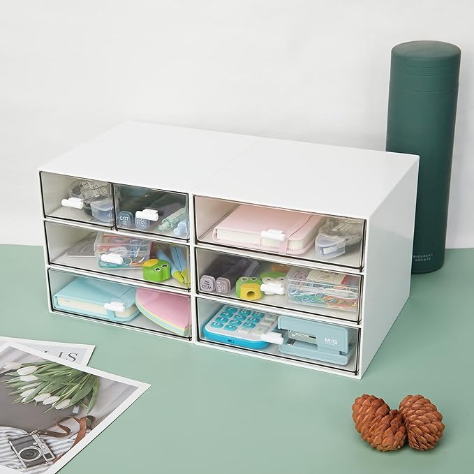 Desk Organizer with 3 Drawers, Clear Plastic Desk Storage Box, Desktop Organization for Office Supplies, Gel Pens, Pencils, Markers, Tape, Erasers, Paperclips, Chargers (White-3 Draws)