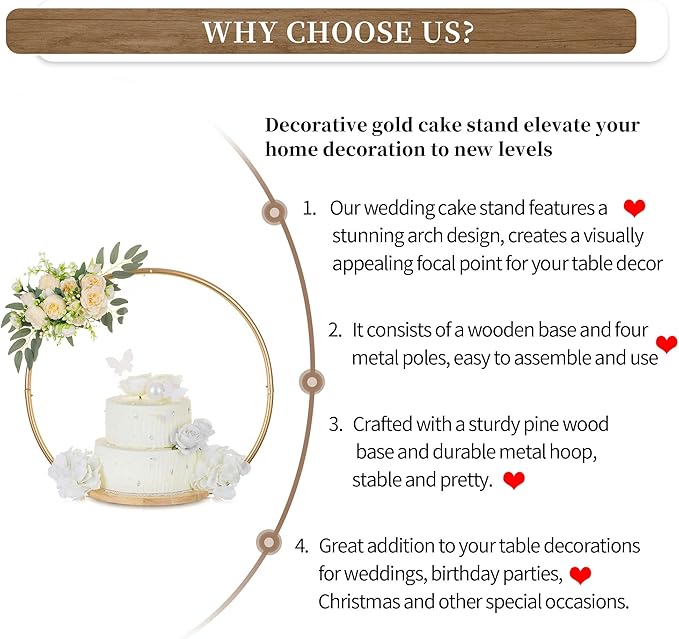 Hanobe Gold Cake Stand for Wedding: 11.7 Inch Round Arch Cupcake Display Stands with Wood Base Decorative Metal Hoop Centerpiece Decor for Party Birthday Baby Shower