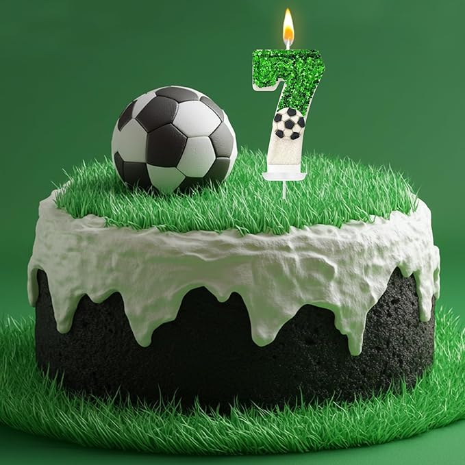 Birthday Candles，Soccer Birthday Decorations，Soccer Cake Topper,for Girl and boy Cake Toppers, Wedding Cakes, Anniversaries, Party Celebrations, Birthday Decorations (Green White, Number 7)