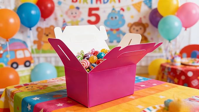 XAGLVV 24 Pack Hot Pink Paper Gable Boxes,6.2 Inch Candy Boxes with Handle, Snack Party Favor& Gift Cookie bags for kids Birthday,Wedding, Baby Shower, Graduation.