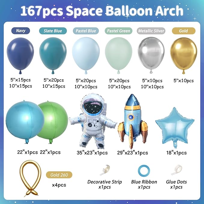 167pcs Space Balloons Arch Kit - Outer Space Party Decorations with Astronaut Rocket Blue Green Balloons for Baby Shower