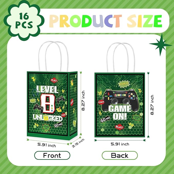 Grencian 16Pcs Video Game 8th Birthday Party Favor Bags Green Gamer 8th Birthday Candy Treat Gift Goodie Bags with Handles Gaming Level 8 Decorations for Boys Kids 8 Years Old Party Favors