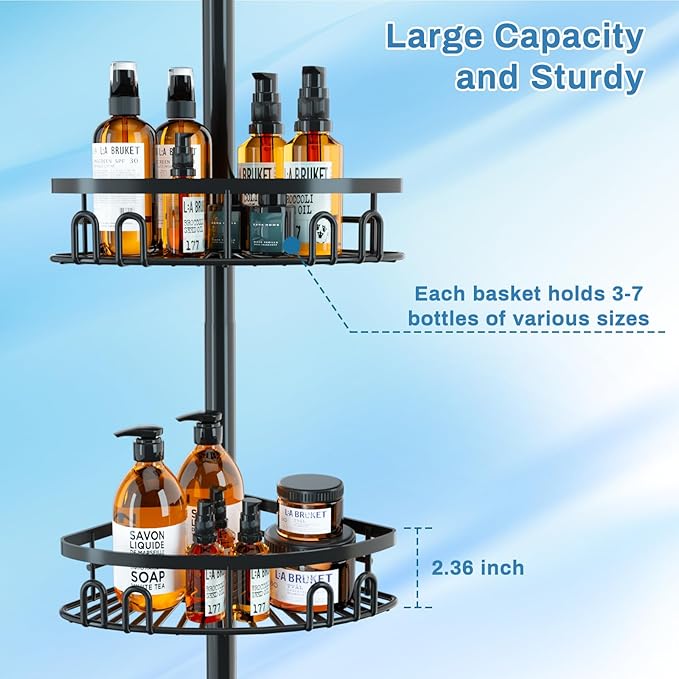 cutefafa Rustproof Corner Shower Caddy Tension Pole, 4 Large Baskets for Bathtub Shampoo Storage Organizer Bathroom Height Adjustable Shelves from 23.6 to 114.5 Inch with Towel Bar