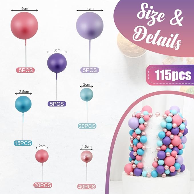 115 PCS Ball Cake Toppers - Mini Balloon Cake Decorations Foam Ball Cupcake Picks DIY Cake Insert Toppers for Birthday Party Wedding Baby Shower - Pink Purple Blue