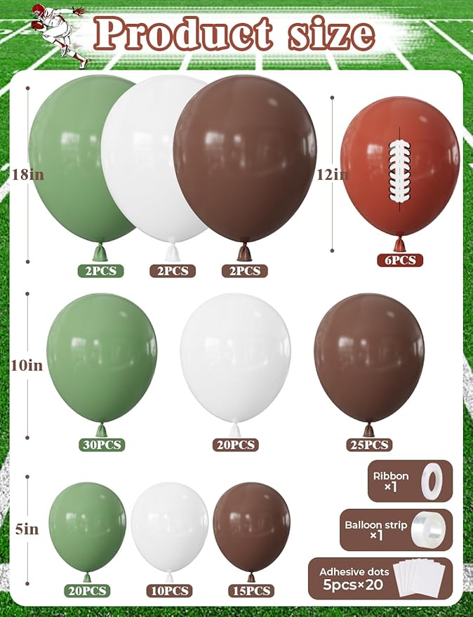 Football Balloon Garland Arch Kit, 132Pcs Green and Brown Balloons Football Printed Balloons Sage Green White Latex Balloon for Touch Down Rugby Birthday Sports Theme Party Decorations