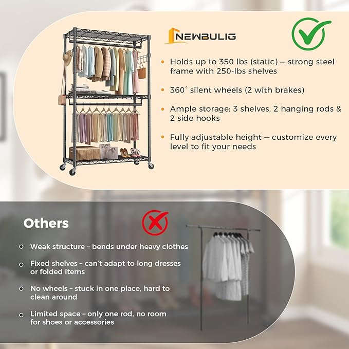 NEWBULIG Heavy Duty Adjustable Clothes Rack with Wheels, Adjustable Rolling Metal Freestanding Garment Closet Organizer with Double Rods & 2 Side Hooks for Hanging Clothes, 47"x17"x80", Black