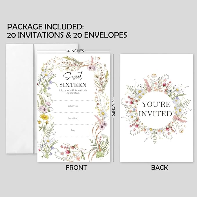 AEHIE 16th Birthday Garden Wildflowers Invitation Cards with Envelopes, 20 Count, Multicolor