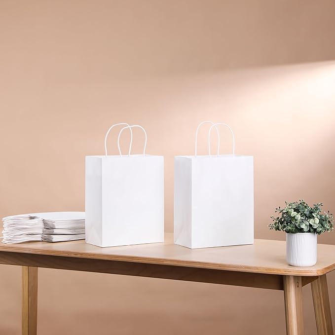 SUNCOLOR White Kraft Paper Gift Bags with Handles, 25 Pack, Medium 8x4.5x10 Inches, Sturdy Recyclable Shopping Bags for Party Favors, Retail, Weddings, and DIY Branding