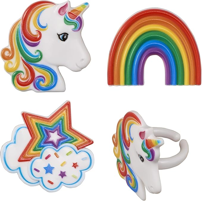 DecoPac Rainbow Unicorn Rings, Cupcake Decorations, Magical Food Safe Cake Toppers, Multi-Coloured – 24 Pack