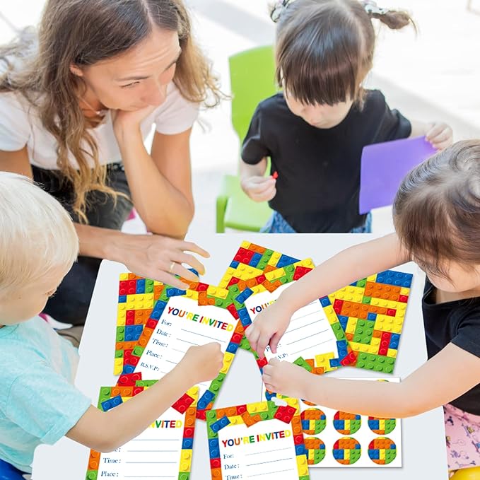 Wiooffen Children Boys Birthday Party Invitations Building Blocks Party Supplies, Stacking Block Bricks Invitation Cards Set with Sticker Labels Envelopes Birthday Decorations for 24 Guests