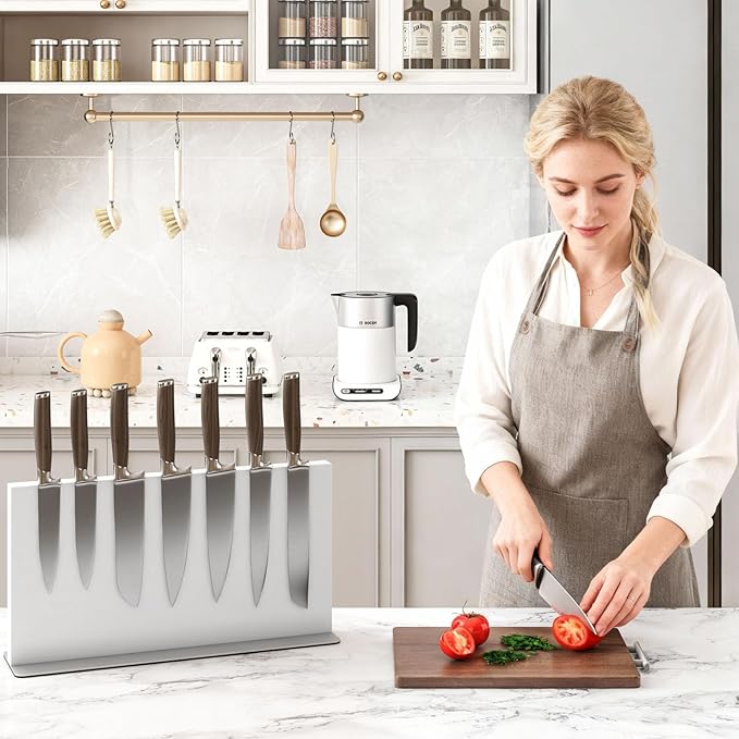THMINS Large White Magnetic Knife Block Stainless Steel Double-Sided Magnetic Knife Holder, Universal Multi-function Display Rack for Kitchen Counter