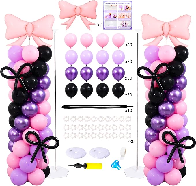 Pink and Purple Black Balloon Column Stand Arch Kit Set of 2 with 140PCS Pink Purple Black and Bows Balloons for Girls Women Baby Shower Princess Birthday Party Supplies