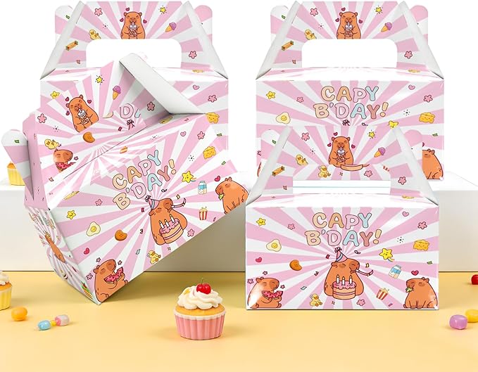 BGFMVS 12 Pack Pink Capybara Birthday Candy Boxes with Handles, Radiant Stripes Cake Gift Boxes for Adults Boys Girls Kids, Lovely Capybara Indoor Outdoor Birthday Party Favor Decorations
