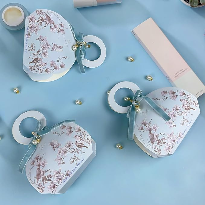 20 PCS Small Gift Boxes, Flower & Bird Party Favor Boxes Goodie Bags with Handle, Velvet Bow, Pearl Pendant for Wedding Anniverary Valentine's Day Birthday Party Presents 4"x5.1"x1.4"(Mist Blue)