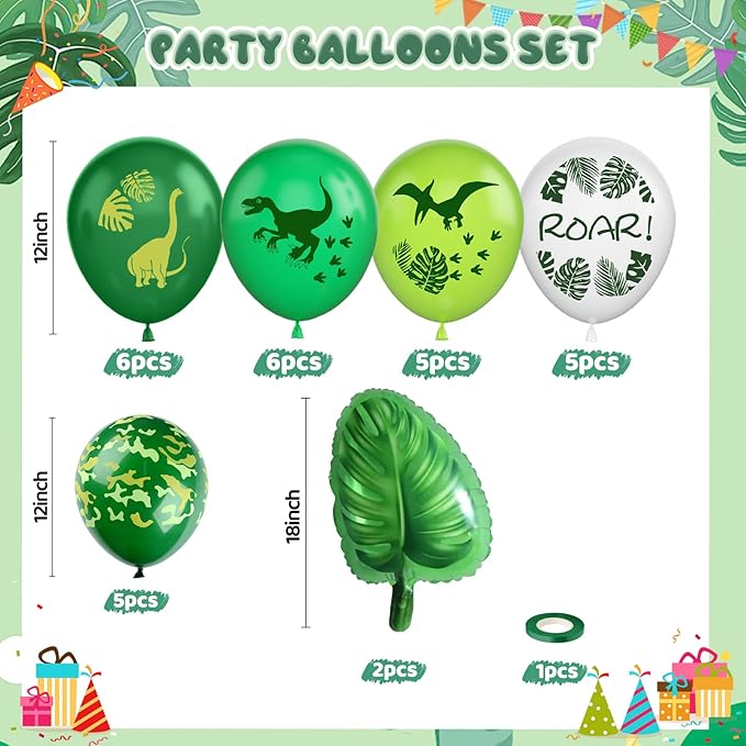 Dinosaur Balloons, 12 Inch Dino Printed Balloons with Palm Leaves Confetti Balloons for Birthday Party Jungle Dinosaur Safari Themed Decoration Supplies