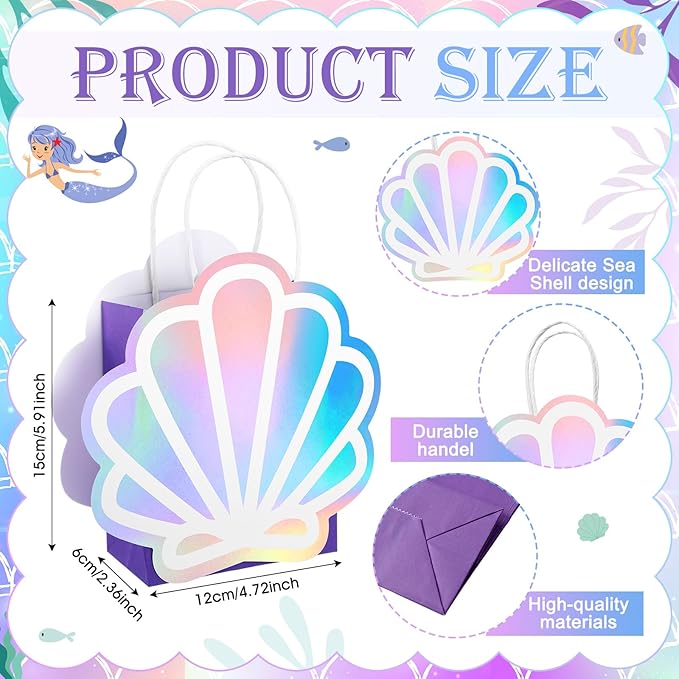 Locmeo 12 Pack Holographic Sea Shell Gift Bags Mermaid Party Favor Bags with Iridescent Shell Paper Cards for Mermaid Themed Supplies Ocean Under The Sea Party Favors