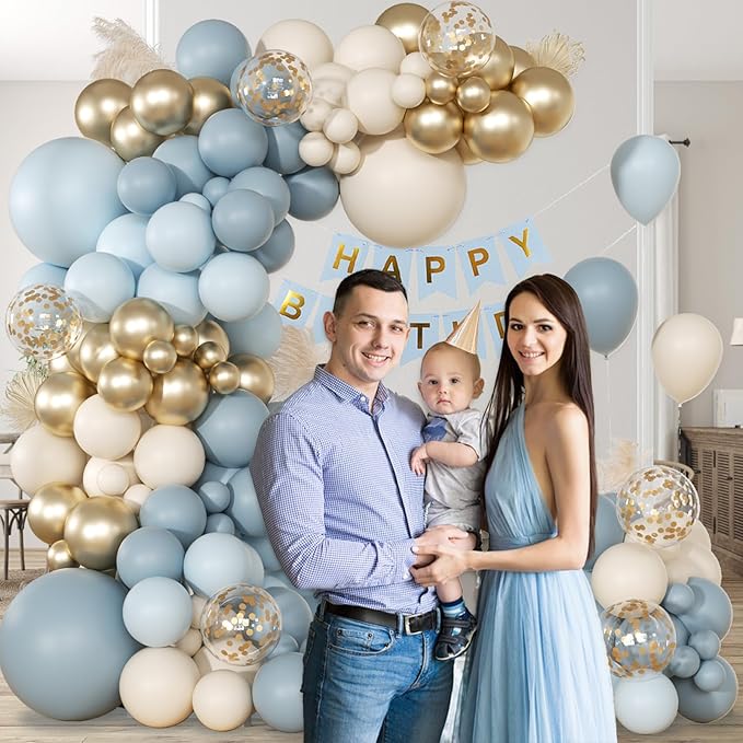 147pcs Dusty Blue Balloon Garland Arch Kit, Light Baby Blue Sand White Metallic Gold Confetti for Birthday Wedding Bridal Shower Boho Baby Shower Party Decorations