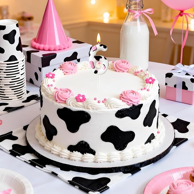 Number 6 Birthday Candle for Cake – Cow Print Design in White Black Pink – Farm Theme & Cowgirl Party Cake Topper Decoration