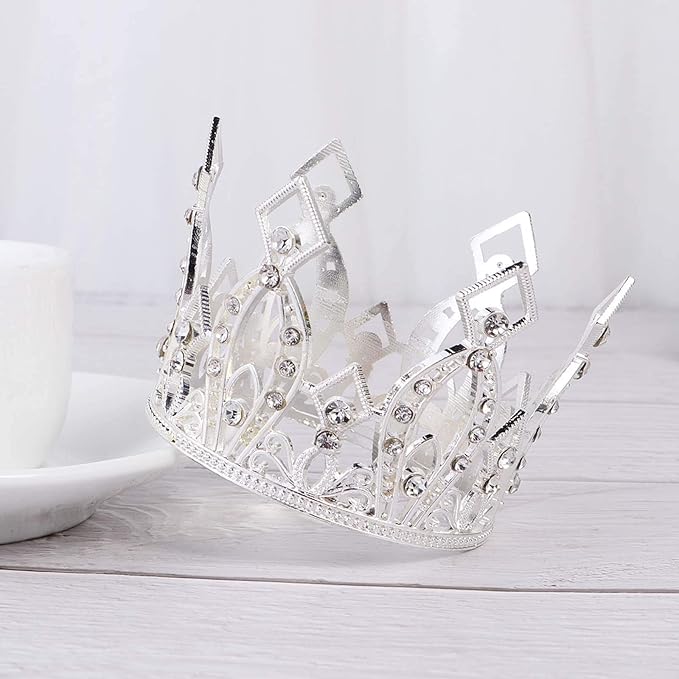 Mini Crown Cake Topper Crystal Headpiece Tiara Rhinestone Crown Cake Decoration for Wedding Birthday Baby Shower Party Favors (Silver)